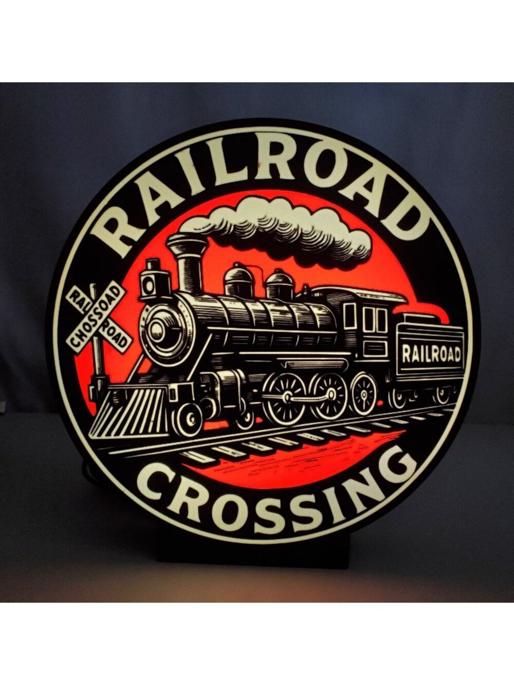 Vintage Style "Railroad Crossing" LED Light Box – 9" Round Illuminated Sign – US